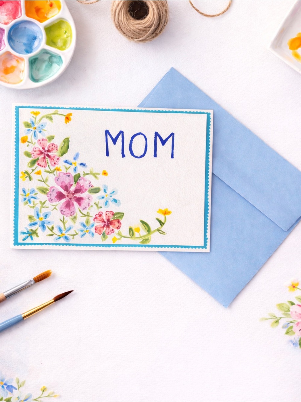Handmade Watercolor Blue Mom Floral Greeting Card